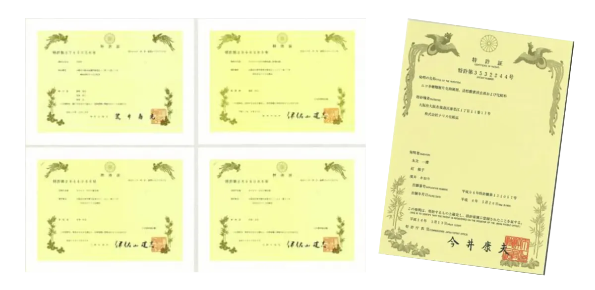 NARIS COSMETICS ได้รับสิทธิบัตรและมาตรฐานต่างๆ จากประเทศญี่ปุ่น