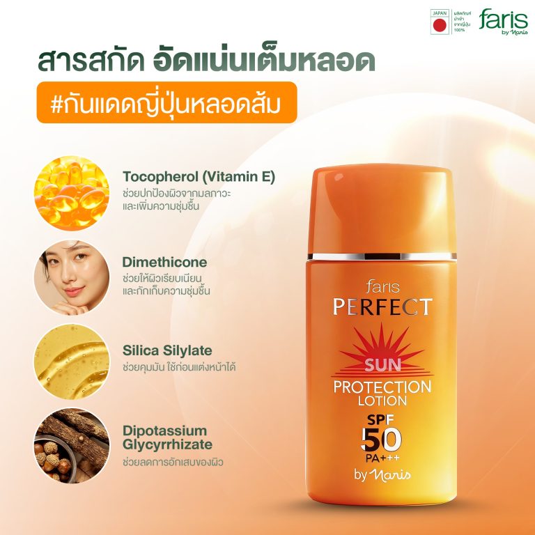 สารสกัดของกันแดด Perfect Sun Protection ที่ช่วยปกปิดเนียน บางเบาบ กันน้ำ กันเหงื่อ ไม่เป็นคราบ สามารถใช้แทนรองพื้นได้เลย